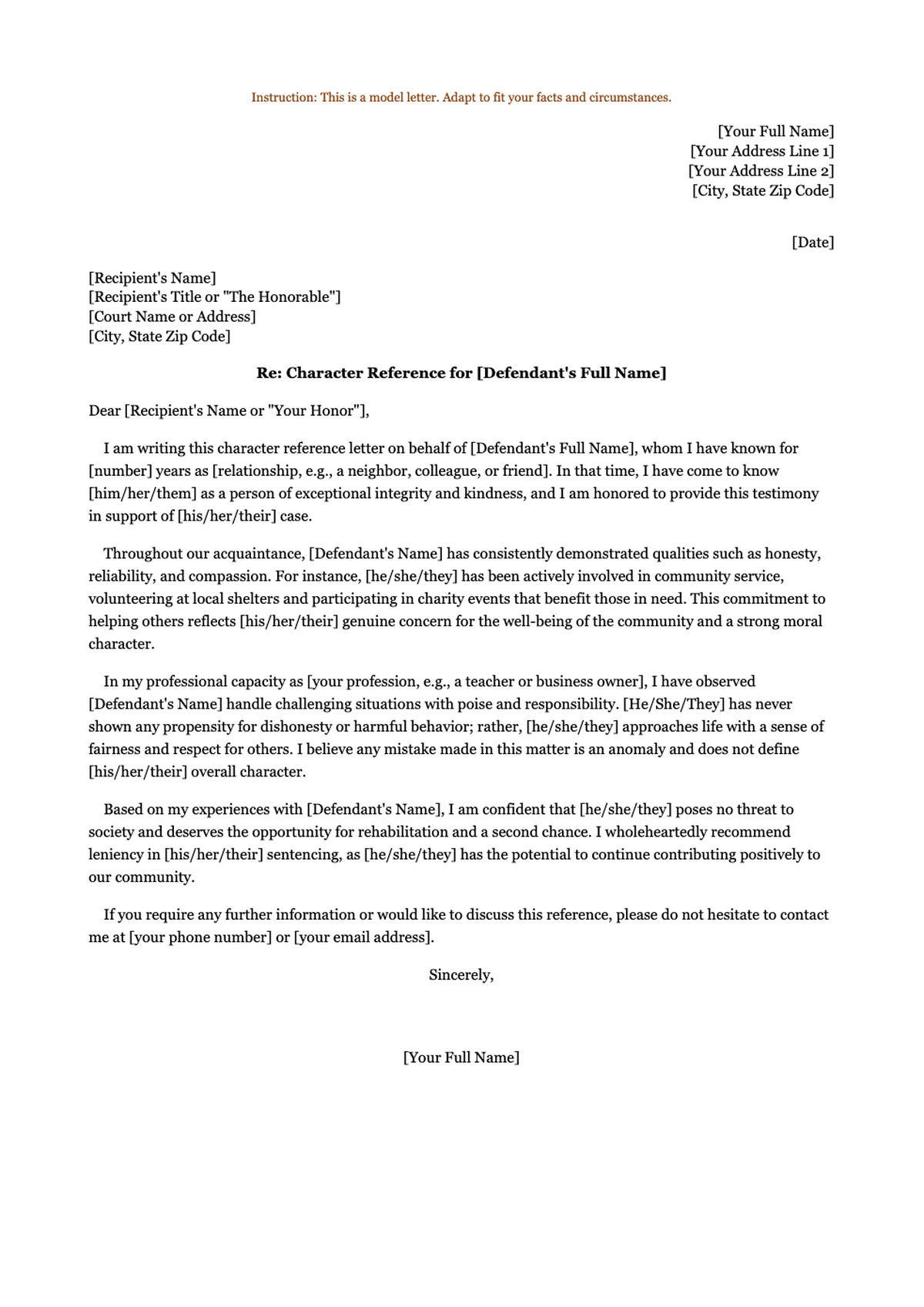 Favorable character reference letter for good mother from social worker to judge_variant_1